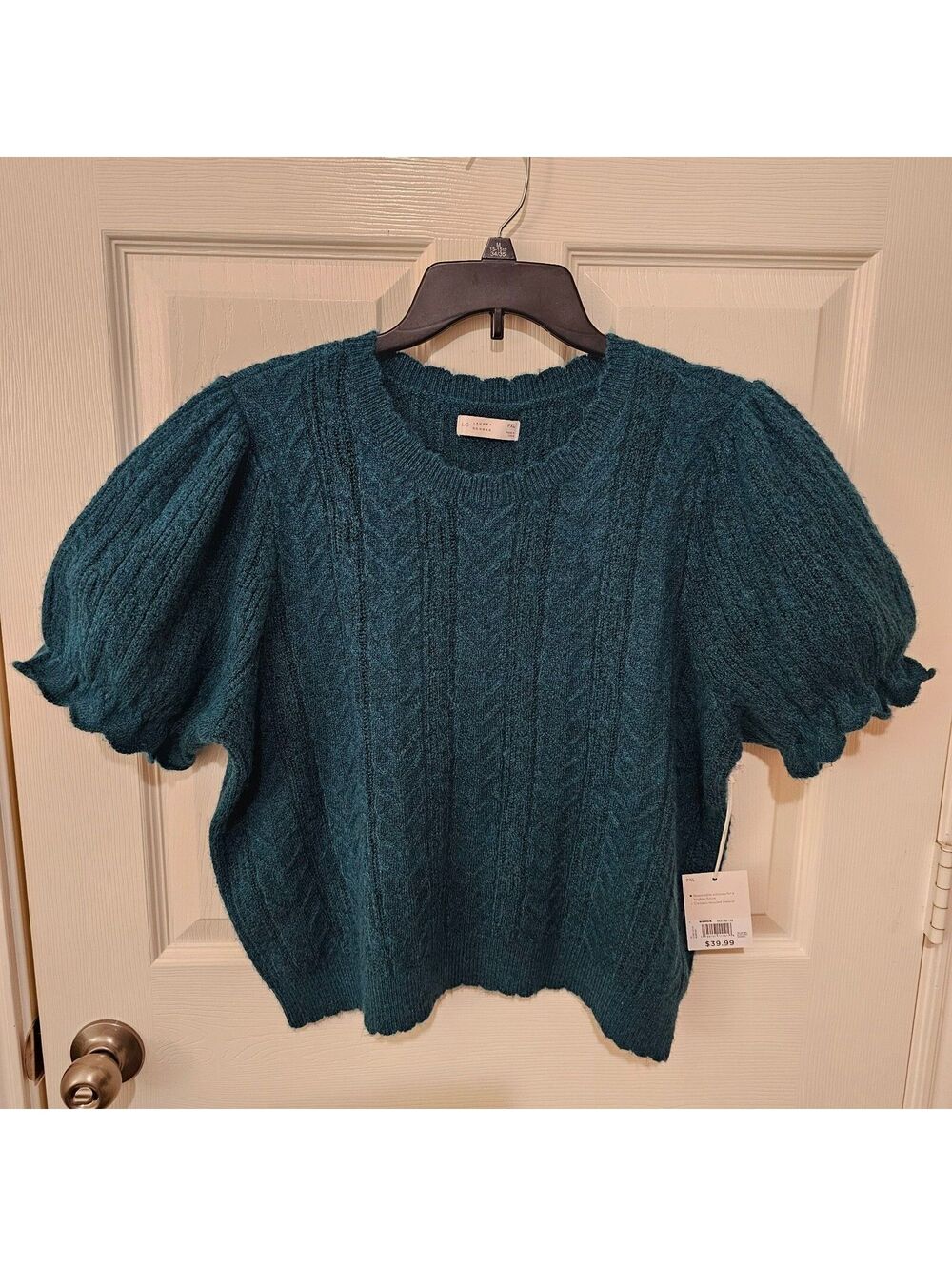 Lauren Conrad Sweater Cable-Knit Heathered Emerald Puff Scallop Sleeve size PXL